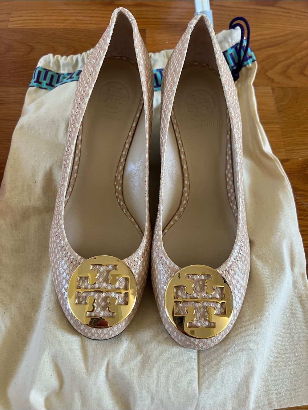 Tory Burch Polka Dot/ Snakeskin Logo Wedges with Gold Emblem
